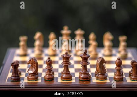 Einzigartiges Holzschach-Set, Spielsteine, Schachbrett Und Aufbewahrungsraum. Schachspiel aus Olivenholz, einschließlich Figuren. Stockfoto