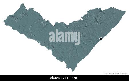 Form von Alagoas, Bundesstaat Brasilien, mit seiner Hauptstadt isoliert auf weißem Hintergrund. Farbige Höhenkarte. 3D-Rendering Stockfoto