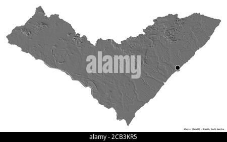 Form von Alagoas, Bundesstaat Brasilien, mit seiner Hauptstadt isoliert auf weißem Hintergrund. Höhenkarte mit zwei Ebenen. 3D-Rendering Stockfoto