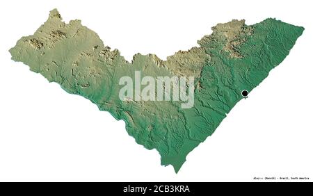 Form von Alagoas, Bundesstaat Brasilien, mit seiner Hauptstadt isoliert auf weißem Hintergrund. Topografische Reliefkarte. 3D-Rendering Stockfoto