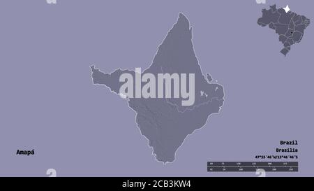 Form von Amapá, Bundesstaat Brasilien, mit seiner Hauptstadt isoliert auf festem Hintergrund. Entfernungsskala, Regionenvorschau und Beschriftungen. Farbige Höhenkarte. 3D r Stockfoto
