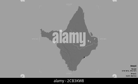Gebiet von Amapá, Bundesstaat Brasilien, isoliert auf einem soliden Hintergrund in einem georeferenzierten Begrenzungsrahmen. Beschriftungen. Höhenkarte mit zwei Ebenen. 3D-Rendering Stockfoto