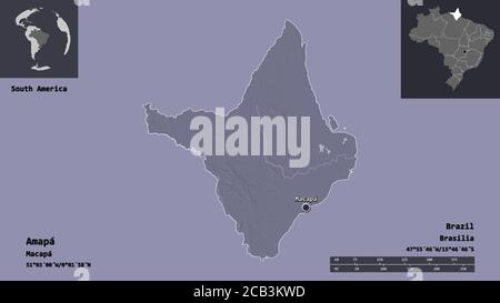 Form von Amapá, Staat Brasilien, und seine Hauptstadt. Entfernungsskala, Vorschauen und Beschriftungen. Farbige Höhenkarte. 3D-Rendering Stockfoto