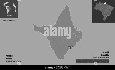 Form von Amapá, Staat Brasilien, und seine Hauptstadt. Entfernungsskala, Vorschauen und Beschriftungen. Höhenkarte mit zwei Ebenen. 3D-Rendering Stockfoto