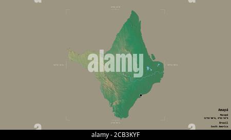 Gebiet von Amapá, Bundesstaat Brasilien, isoliert auf einem soliden Hintergrund in einem georeferenzierten Begrenzungsrahmen. Beschriftungen. Topografische Reliefkarte. 3D-Rendering Stockfoto