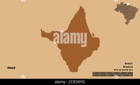 Form von Amapá, Bundesstaat Brasilien, mit seiner Hauptstadt isoliert auf festem Hintergrund. Entfernungsskala, Regionenvorschau und Beschriftungen. Komposition aus gemusterter te Stockfoto