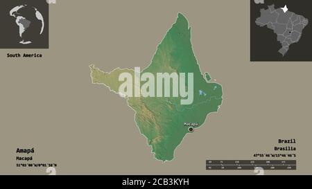 Form von Amapá, Staat Brasilien, und seine Hauptstadt. Entfernungsskala, Vorschauen und Beschriftungen. Topografische Reliefkarte. 3D-Rendering Stockfoto