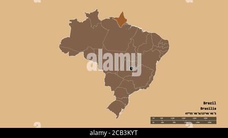 Entsättigte Form Brasiliens mit seiner Hauptstadt, Hauptregionalteilung und dem abgetrennten Amapá-Gebiet. Beschriftungen. Komposition von gemusterten Texturen. 3D-rende Stockfoto