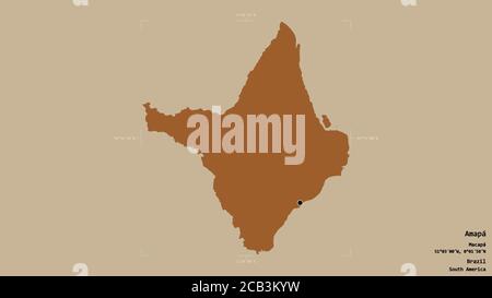 Gebiet von Amapá, Bundesstaat Brasilien, isoliert auf einem soliden Hintergrund in einem georeferenzierten Begrenzungsrahmen. Beschriftungen. Komposition von gemusterten Texturen. 3D-Renderin Stockfoto