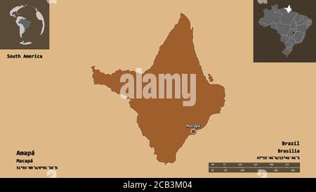 Form von Amapá, Staat Brasilien, und seine Hauptstadt. Entfernungsskala, Vorschauen und Beschriftungen. Komposition von gemusterten Texturen. 3D-Rendering Stockfoto