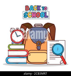 Back to School Banner mit Rucksack und Bildungssymbolen Stock Vektor