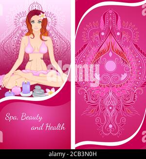 Vektor-Illustration einer vertikalen Banner-Vorlage mit einem Mädchen in der Lotus-Position und Spa-Accessoires. Design für ein Spa, Massage und Schönheitssalon, entspannen, Bio-Pflegeprodukte, Yoga-Studio Stock Vektor