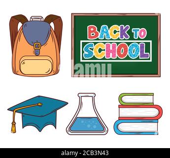 Back to School Banner mit Tafel und Bildungssatz Zubehör-Symbole Stock Vektor
