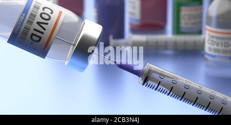 Coronavirus-Impfstoff. Medizinische Injektionsspritze und Fläschchen auf Blur Labor Hintergrund, Nahaufnahme, Covid19 Impfungsforschungskonzept. 3d-Illustration Stockfoto