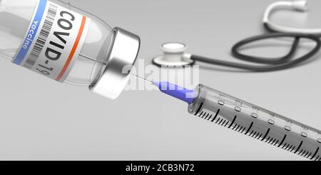 Coronavirus-Impfstoff. Medizinische Injektionsspritze und Fläschchen auf grauem Hintergrund, Covid19 Impfungsforschungskonzept. 3d-Illustration Stockfoto