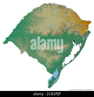 Form des Rio Grande do Sul, Bundesstaat Brasilien, mit seiner Hauptstadt isoliert auf weißem Hintergrund. Topografische Reliefkarte. 3D-Rendering Stockfoto