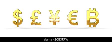 Welt Währung Gold Symbol Satz. Hauptwährungen Dollar Euro Yen Pfund Bitcoin . Finanzierungskonzept. 3d-Darstellung auf weißem Hintergrund Stockfoto