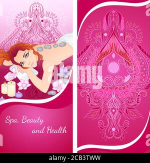 Vektor-Illustration einer vertikalen Banner-Vorlage mit einem Porträt eines Mädchens, das Steinmassage macht. Design für ein Spa, Massage und Schönheitssalon, entspannen, Bio-Gesundheitsprodukte Stock Vektor
