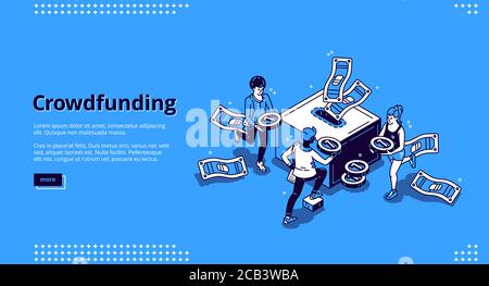 Crowdfunding isometrische Landing Page. Menschen spenden Geld für kreative Ideenunterstützung und legen Münzen in eine riesige Box. Freiwilligenarbeit und soziale Hilfe, Philanthropie, Spende und Charity 3d Vektor Linie Kunst Web-Banner Stock Vektor