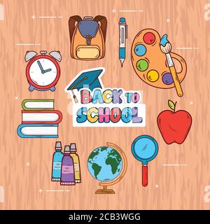 Back to School Banner, mit Rucksack und Ikonen von Bildungsmaterialien auf Holzhintergrund Stock Vektor