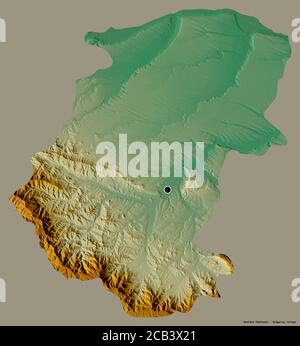 Form von Montana, Provinz von Bulgarien, mit seiner Hauptstadt isoliert auf einem einfarbigen Hintergrund. Topografische Reliefkarte. 3D-Rendering Stockfoto