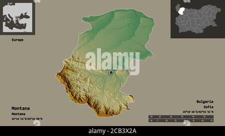 Form von Montana, Provinz von Bulgarien, und seine Hauptstadt. Entfernungsskala, Vorschauen und Beschriftungen. Topografische Reliefkarte. 3D-Rendering Stockfoto