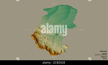 Gebiet von Montana, Provinz Bulgarien, isoliert auf einem soliden Hintergrund in einem georeferenzierten Begrenzungsrahmen. Beschriftungen. Topografische Reliefkarte. 3D-Rendering Stockfoto