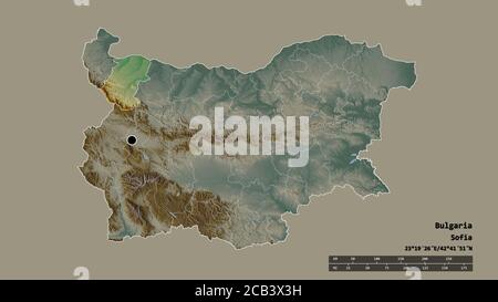 Entsättigte Form von Bulgarien mit seiner Hauptstadt, der wichtigsten regionalen Teilung und der abgetrennten Montana-Bereich. Beschriftungen. Topografische Reliefkarte. 3D-Rendering Stockfoto