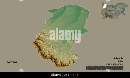 Form von Montana, Provinz von Bulgarien, mit seiner Hauptstadt auf festem Hintergrund isoliert. Entfernungsskala, Regionenvorschau und Beschriftungen. Topografisches Relief m Stockfoto