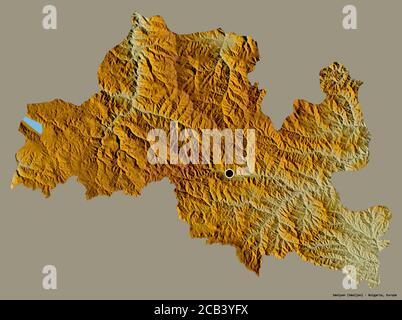 Form von Smolyan, Provinz Bulgarien, mit seiner Hauptstadt isoliert auf einem einfarbigen Hintergrund. Topografische Reliefkarte. 3D-Rendering Stockfoto