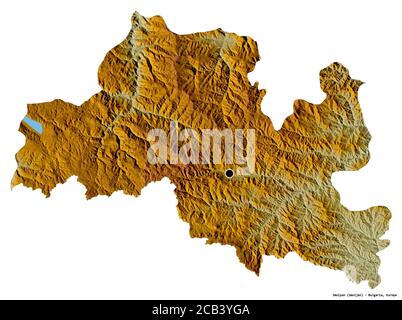 Form von Smolyan, Provinz Bulgarien, mit seiner Hauptstadt isoliert auf weißem Hintergrund. Topografische Reliefkarte. 3D-Rendering Stockfoto