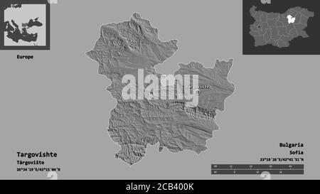 Form von Targovishte, Provinz Bulgarien, und seine Hauptstadt. Entfernungsskala, Vorschauen und Beschriftungen. Höhenkarte mit zwei Ebenen. 3D-Rendering Stockfoto