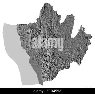 Form von Bururi, Provinz Burundi, mit seiner Hauptstadt isoliert auf weißem Hintergrund. Höhenkarte mit zwei Ebenen. 3D-Rendering Stockfoto