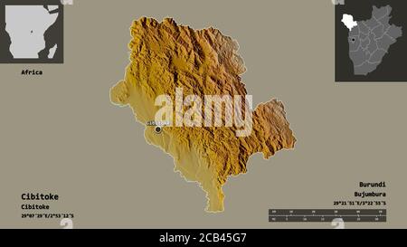 Form von Cibitoke, Provinz Burundi, und seine Hauptstadt. Entfernungsskala, Vorschauen und Beschriftungen. Topografische Reliefkarte. 3D-Rendering Stockfoto