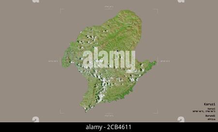 Gebiet von Karuzi, Provinz Burundi, isoliert auf einem soliden Hintergrund in einem georeferenzierten Begrenzungsrahmen. Beschriftungen. Satellitenbilder. 3D-Rendering Stockfoto