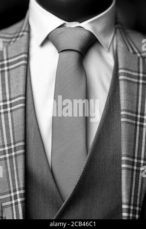 Vertikale Nahaufnahme eines eleganten formellen Anzugs mit weißem Hemd, grauer Krawatte und gemustertem Blazer Stockfoto