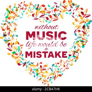 Bunte Musik Ereignis Notizen Hintergrund. Zufällige farbige Musik Festival Poster Design Vorlage. Vektorgrafik. Inspirierende Zitate über Musik - W Stock Vektor