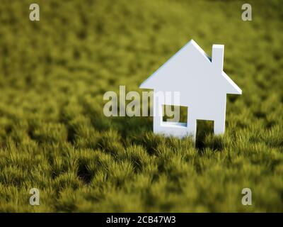 Weißes Heimsymbol auf grünem Grasfeld. 3d-Rendering-Illustration Stockfoto