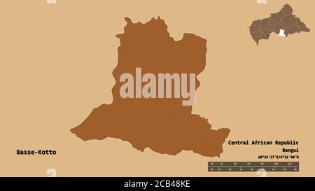 Form von Basse-Kotto, Präfektur der Zentralafrikanischen Republik, mit seiner Hauptstadt isoliert auf festem Hintergrund. Entfernungsskala, Regionenvorschau und Beschriftungen Stockfoto