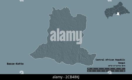 Form von Basse-Kotto, Präfektur der Zentralafrikanischen Republik, mit seiner Hauptstadt isoliert auf festem Hintergrund. Entfernungsskala, Regionenvorschau und Beschriftungen Stockfoto