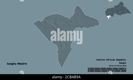 Form von Sangha-Mbaéré, wirtschaftliche Präfektur der Zentralafrikanischen Republik, mit seiner Hauptstadt isoliert auf festem Hintergrund. Entfernungsskala, Regionenvorschau Stockfoto