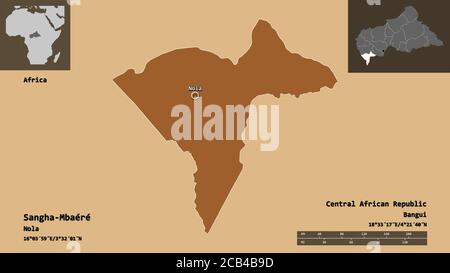 Form von Sangha-Mbaéré, Wirtschaftspräfektur der Zentralafrikanischen Republik und deren Hauptstadt. Entfernungsskala, Vorschauen und Beschriftungen. Zusammensetzung des Musteres Stockfoto
