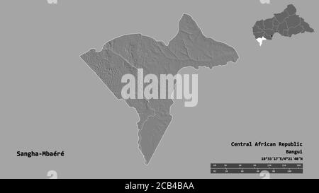 Form von Sangha-Mbaéré, wirtschaftliche Präfektur der Zentralafrikanischen Republik, mit seiner Hauptstadt isoliert auf festem Hintergrund. Entfernungsskala, Regionenvorschau Stockfoto