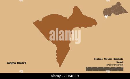 Form von Sangha-Mbaéré, wirtschaftliche Präfektur der Zentralafrikanischen Republik, mit seiner Hauptstadt isoliert auf festem Hintergrund. Entfernungsskala, Regionenvorschau Stockfoto