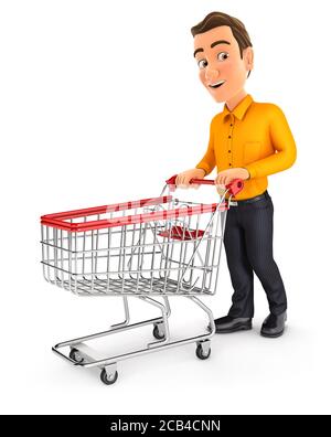 3d Mann schieben Supermarkt Trolley, Illustration mit isolierten weißen Hintergrund Stockfoto