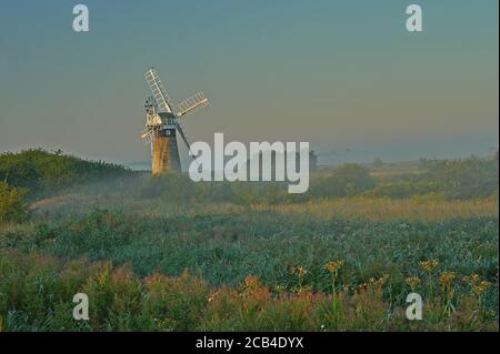 St Benet's Level Drainage Windmühle in den Norfolk Broads früh Sommermorgen mit leichtem Nebel Stockfoto