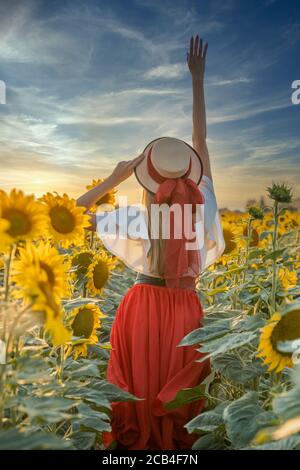 Junge schöne Mädchen stehen zurück zur Kamera in einem Sonnenblumenfeld. Stockfoto