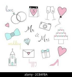Hochzeit bunte Artikel Set. Hochzeit Vektor-Symbole auf weißem Hintergrund isoliert gesetzt Stock Vektor