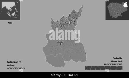 Form von Rôtânôkiri, Provinz von Kambodscha, und seine Hauptstadt. Entfernungsskala, Vorschauen und Beschriftungen. Höhenkarte mit zwei Ebenen. 3D-Rendering Stockfoto