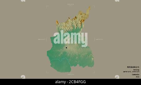 Gebiet von Rôtânôkiri, Provinz Kambodscha, isoliert auf einem soliden Hintergrund in einem georeferenzierten Begrenzungsrahmen. Beschriftungen. Topografische Reliefkarte. 3D-Rendering Stockfoto